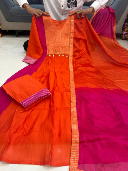 Rust Orange and Pink Mul Chanderi Anarkali suit set
