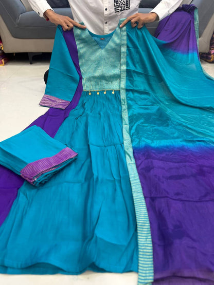 Teal and Purple Mul Chanderi Anarkali suit set