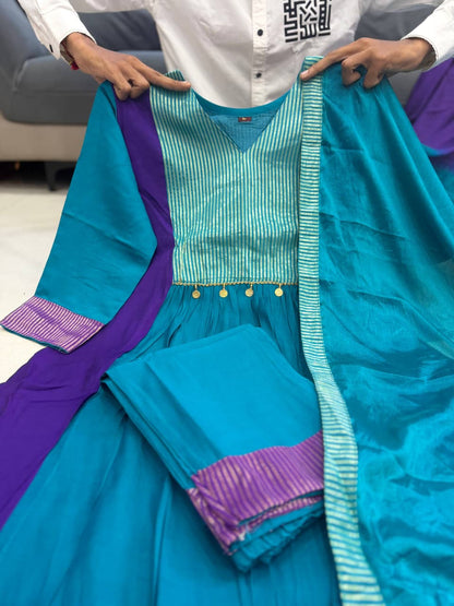 Teal and Purple Mul Chanderi Anarkali suit set