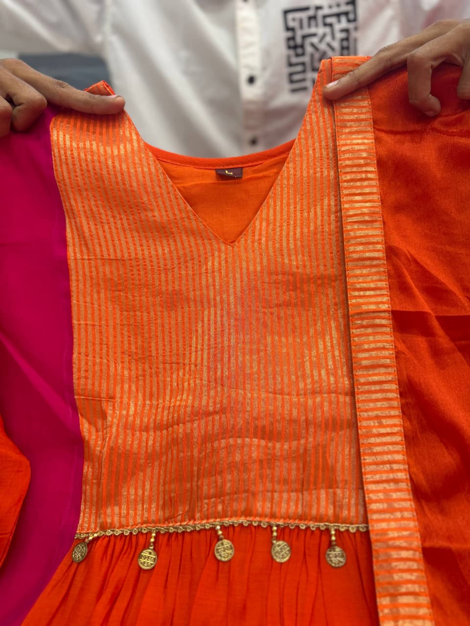 Rust Orange and Pink Mul Chanderi Anarkali suit set