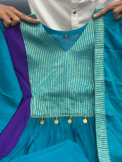 Teal and Purple Mul Chanderi Anarkali suit set