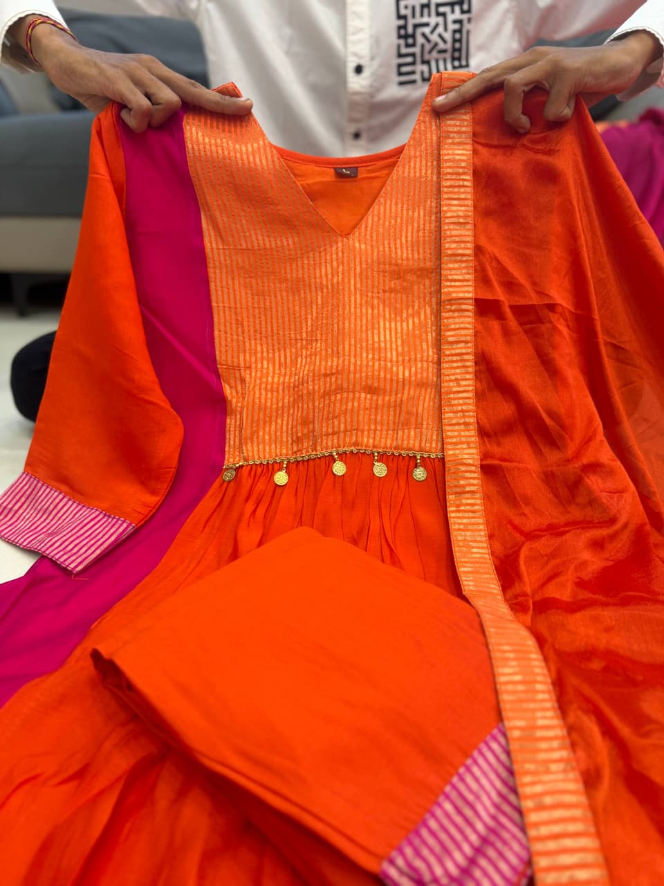 Rust Orange and Pink Mul Chanderi Anarkali suit set