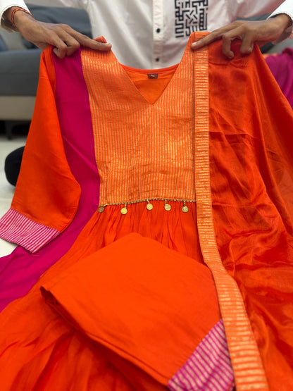 Rust Orange and Pink Mul Chanderi Anarkali suit set