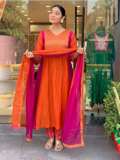 Rust Orange and Pink Mul Chanderi Anarkali suit set