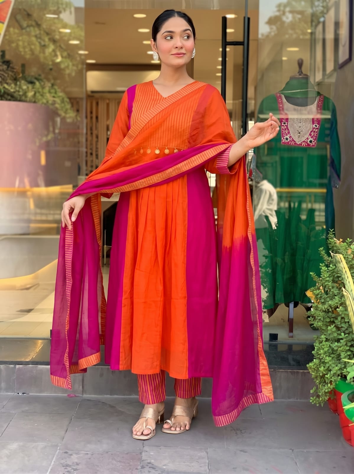 Rust Orange and Pink Mul Chanderi Anarkali suit set