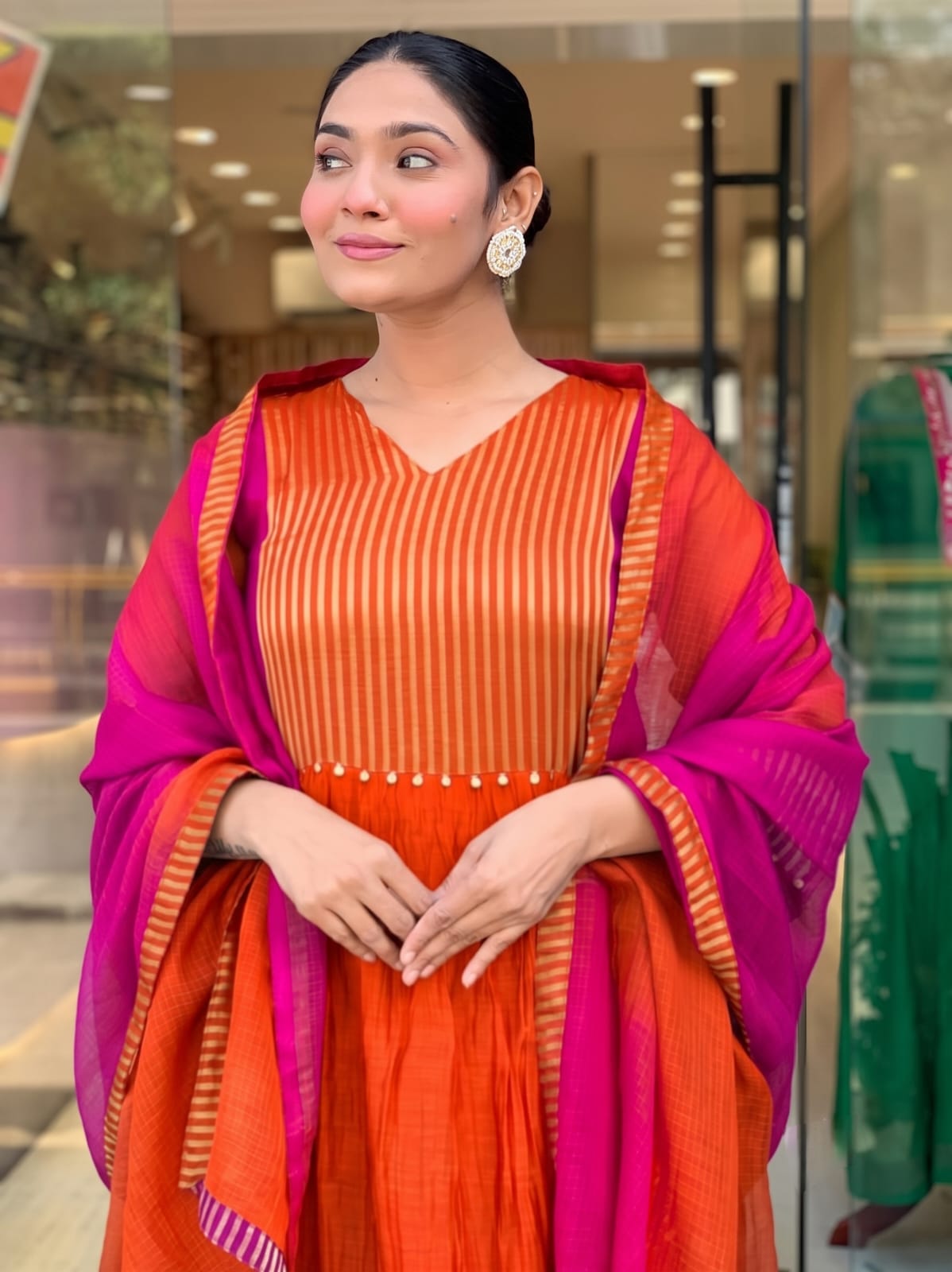 Rust Orange and Pink Mul Chanderi Anarkali suit set