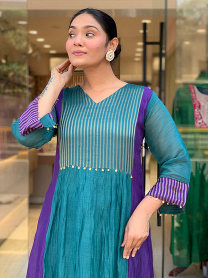 Teal and Purple Mul Chanderi Anarkali suit set