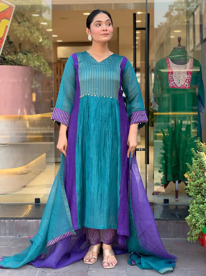 Teal and Purple Mul Chanderi Anarkali suit set