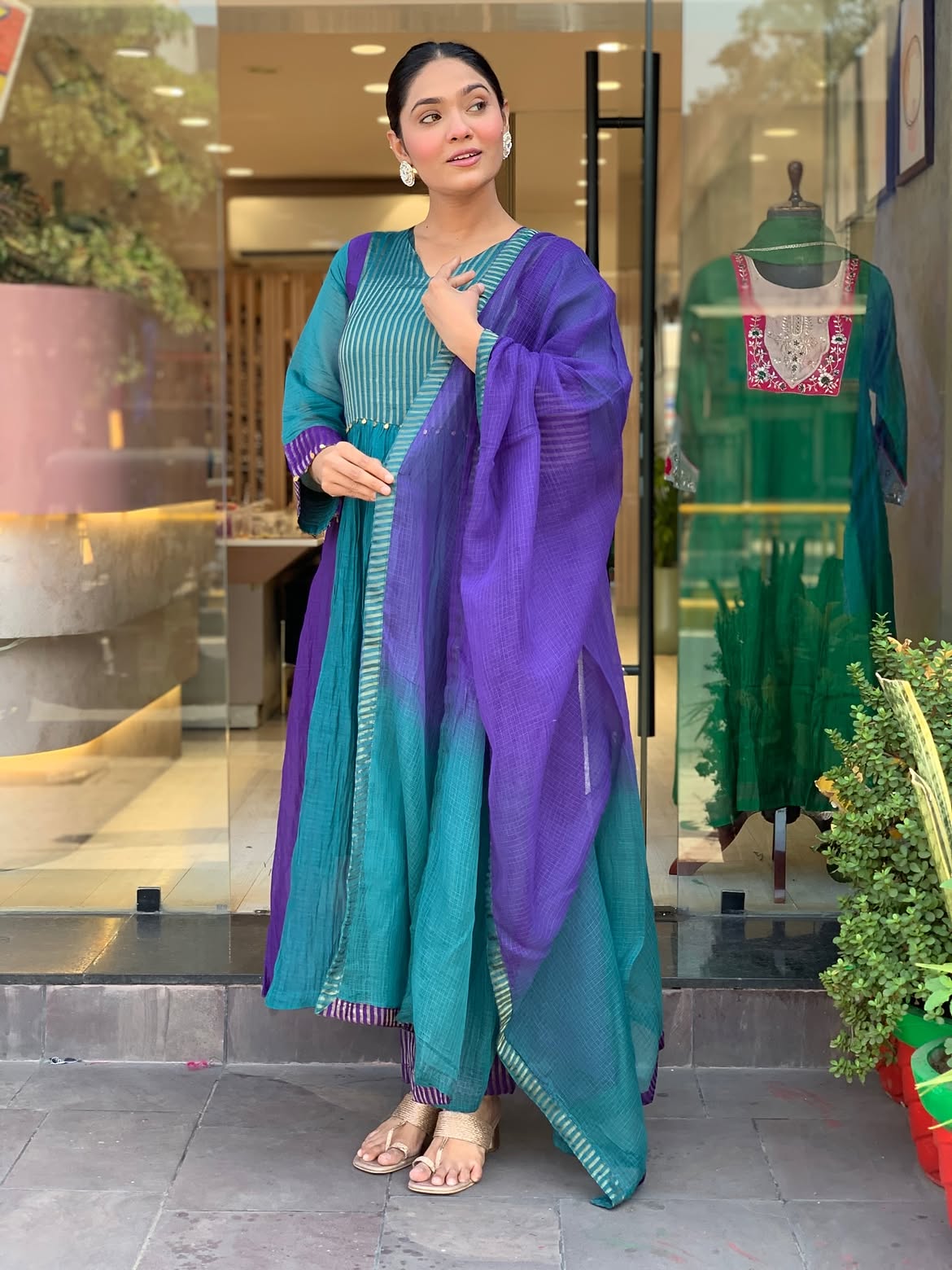 Teal and Purple Mul Chanderi Anarkali suit set