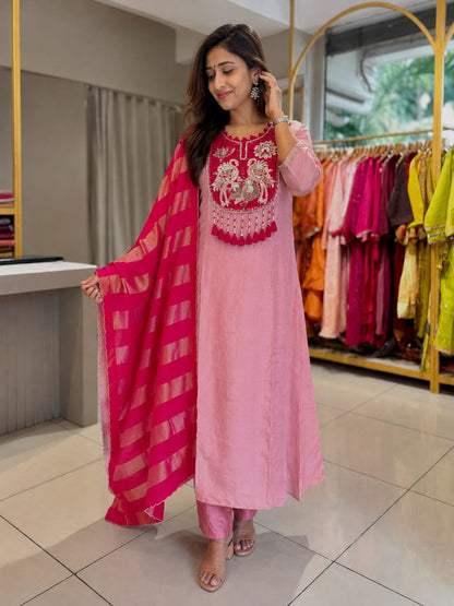 Designer Pure Mul Chanderi With Full Hand Work Nack and Wiving  Pure Banarasi Jequard Dupatta Set