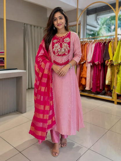 Designer Pure Mul Chanderi With Full Hand Work Nack and Wiving  Pure Banarasi Jequard Dupatta Set