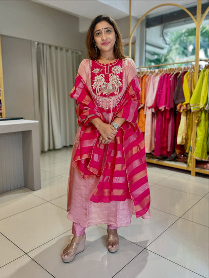 Designer Pure Mul Chanderi With Full Hand Work Nack and Wiving  Pure Banarasi Jequard Dupatta Set