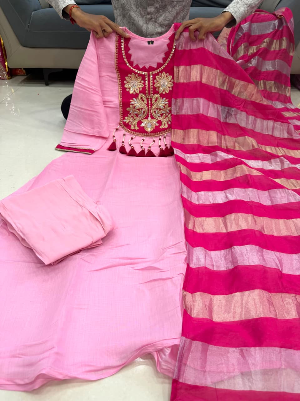 Designer Pure Mul Chanderi With Full Hand Work Nack and Wiving  Pure Banarasi Jequard Dupatta Set