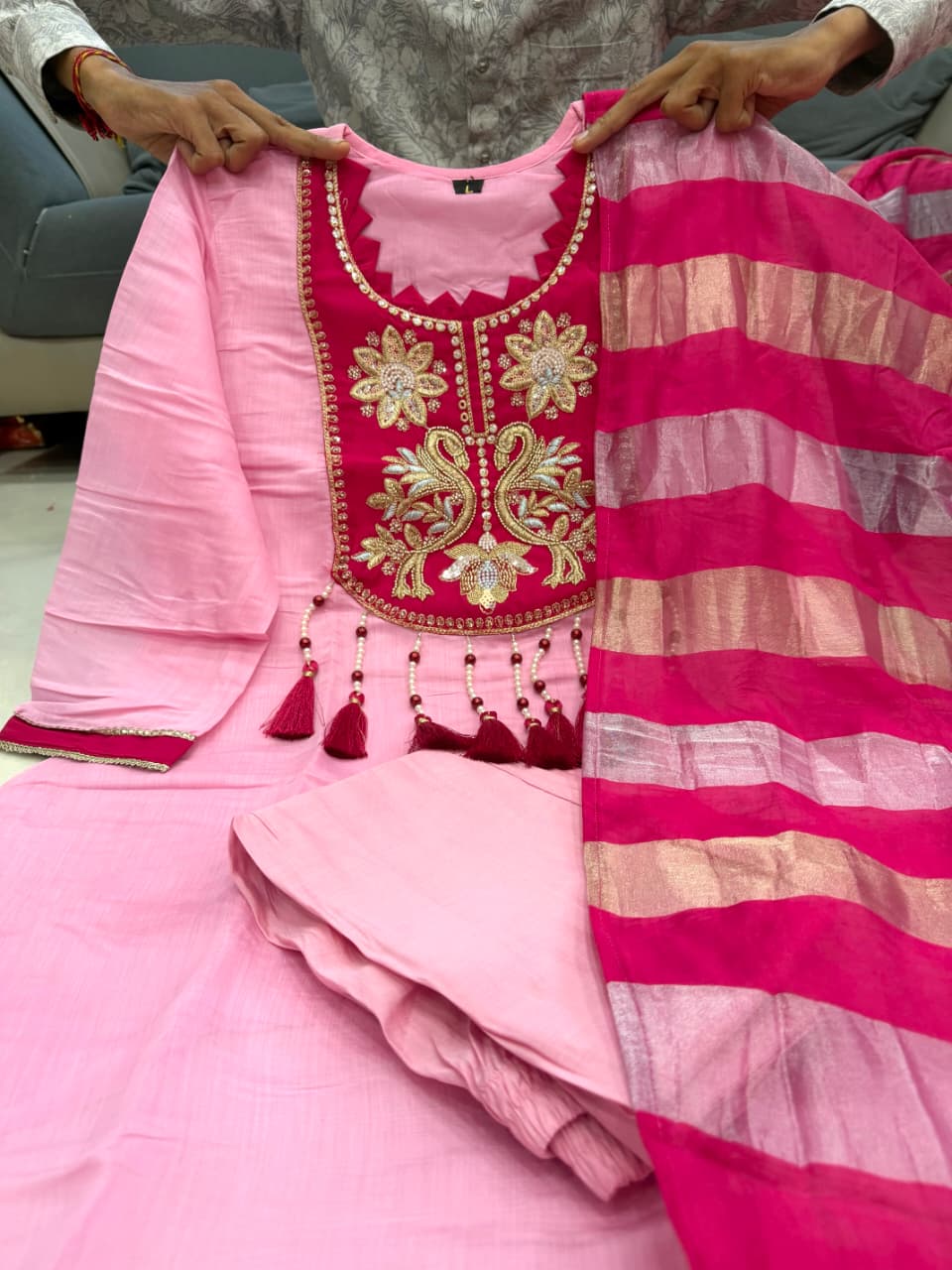 Designer Pure Mul Chanderi With Full Hand Work Nack and Wiving  Pure Banarasi Jequard Dupatta Set