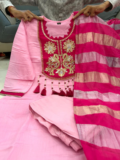 Designer Pure Mul Chanderi With Full Hand Work Nack and Wiving  Pure Banarasi Jequard Dupatta Set