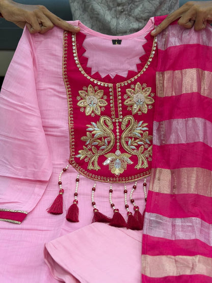Designer Pure Mul Chanderi With Full Hand Work Nack and Wiving  Pure Banarasi Jequard Dupatta Set