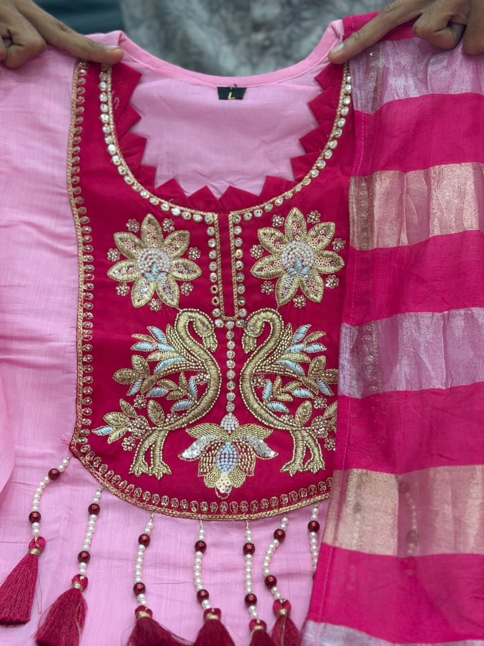Designer Pure Mul Chanderi With Full Hand Work Nack and Wiving  Pure Banarasi Jequard Dupatta Set