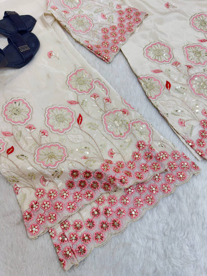 Beige Color Floral Embroidered Silk Co-ord set