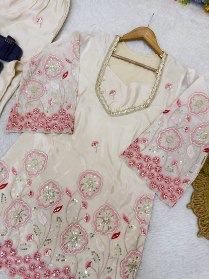 Beige Color Floral Embroidered Silk Co-ord set