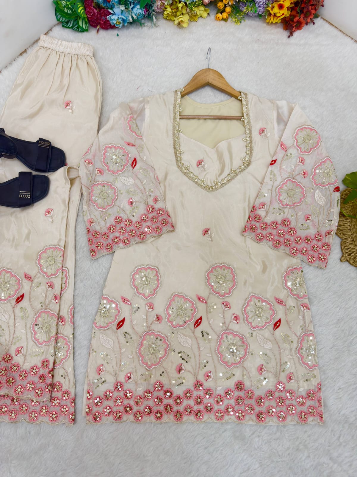 Beige Color Floral Embroidered Silk Co-ord set