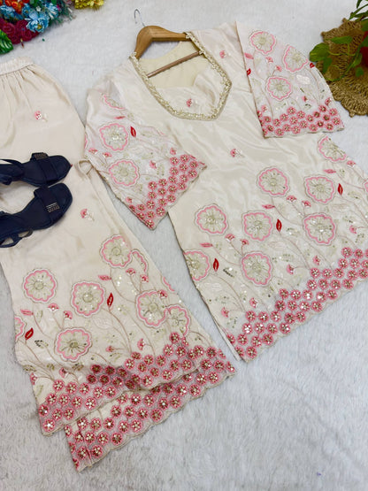Beige Color Floral Embroidered Silk Co-ord set