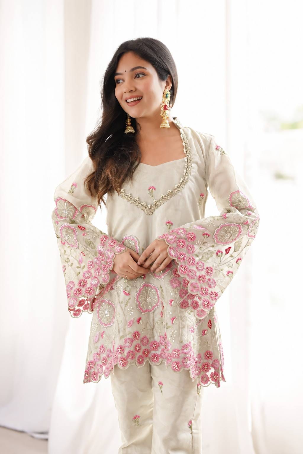Beige Color Floral Embroidered Silk Co-ord set