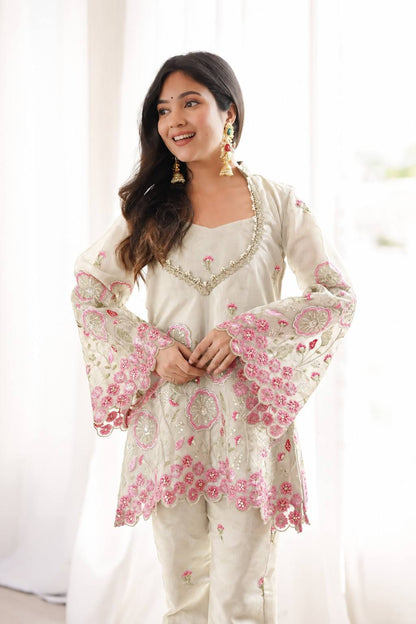 Beige Color Floral Embroidered Silk Co-ord set