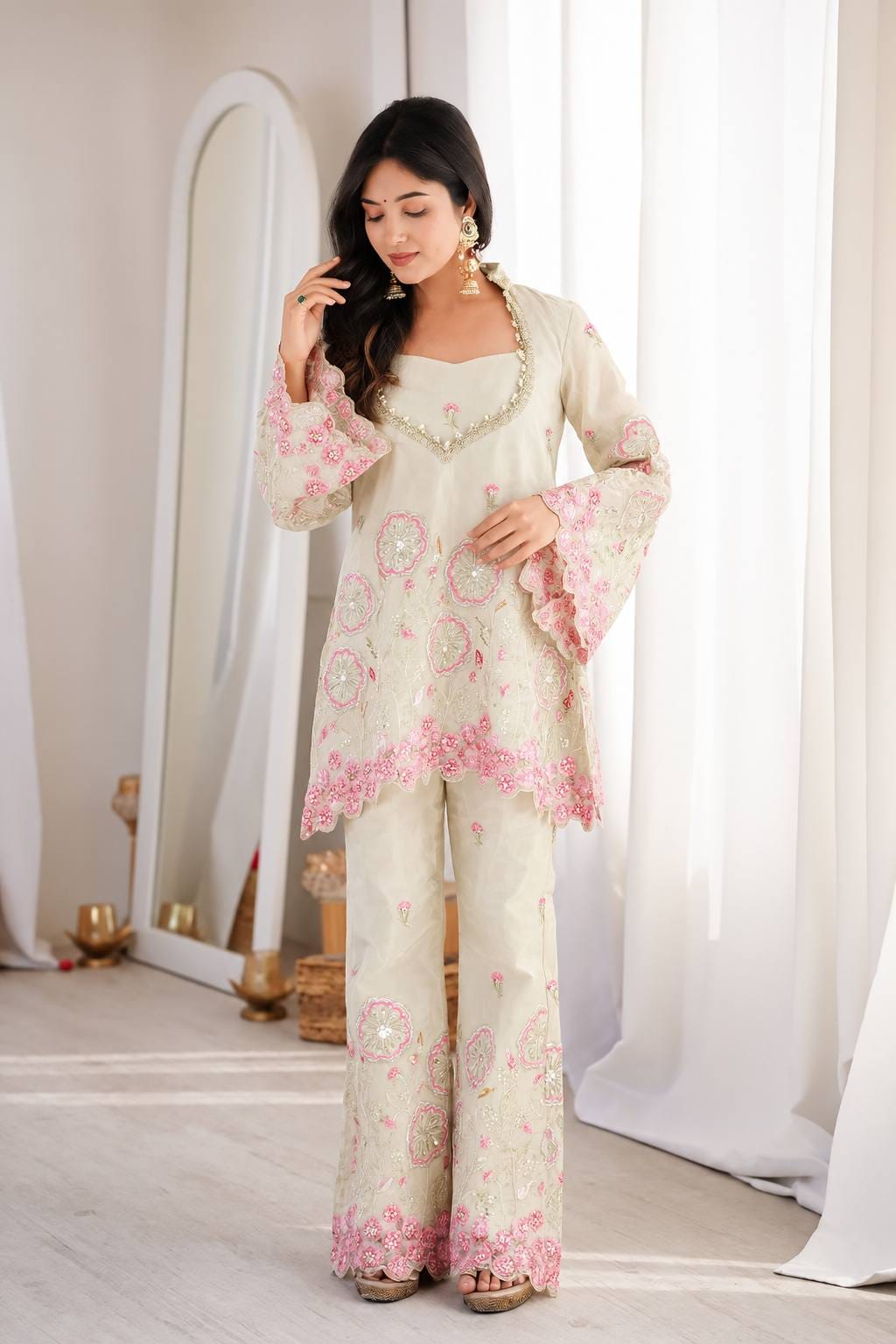 Beige Color Floral Embroidered Silk Co-ord set