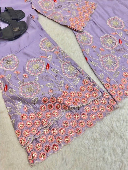 Lavender Color Floral Embroidered Silk Co-ord set
