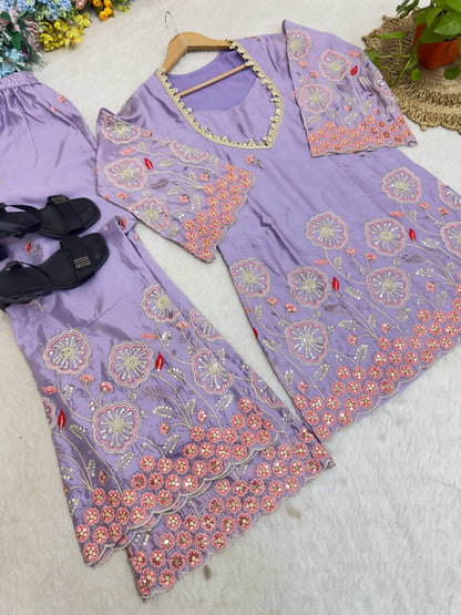 Lavender Color Floral Embroidered Silk Co-ord set