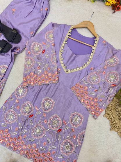 Lavender Color Floral Embroidered Silk Co-ord set