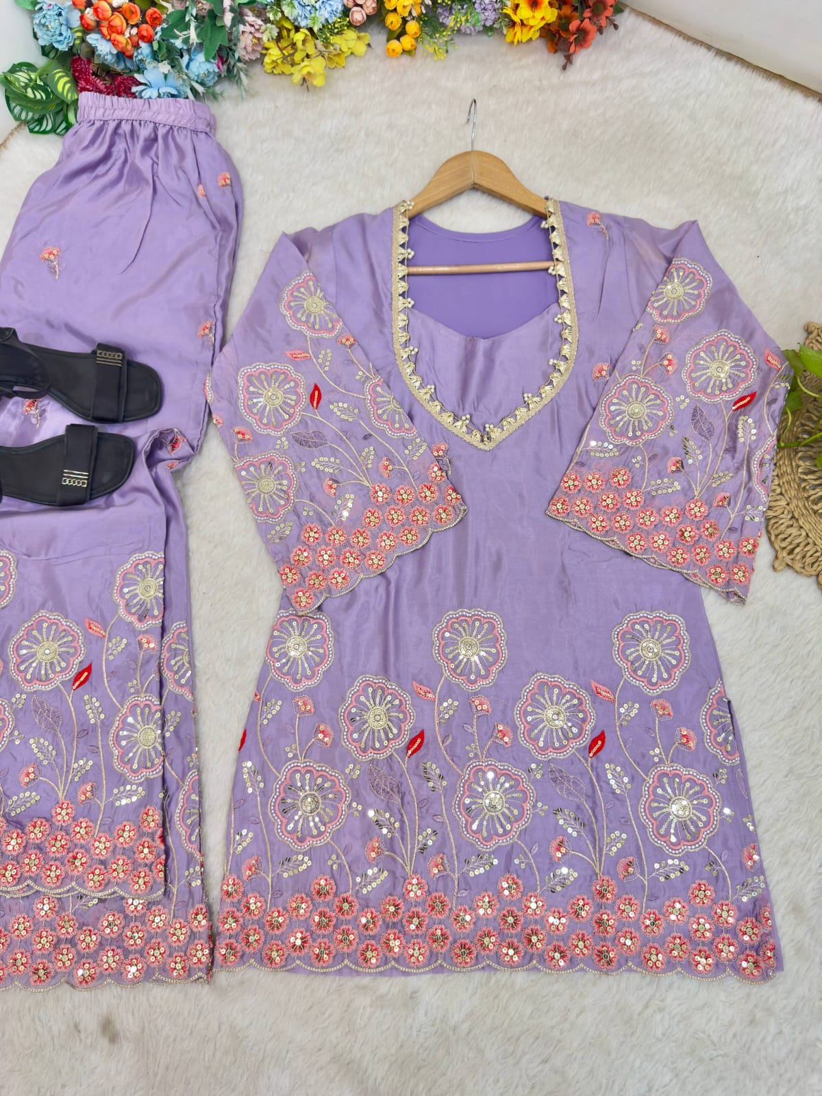 Lavender Color Floral Embroidered Silk Co-ord set