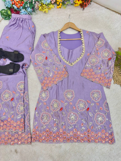Lavender Color Floral Embroidered Silk Co-ord set