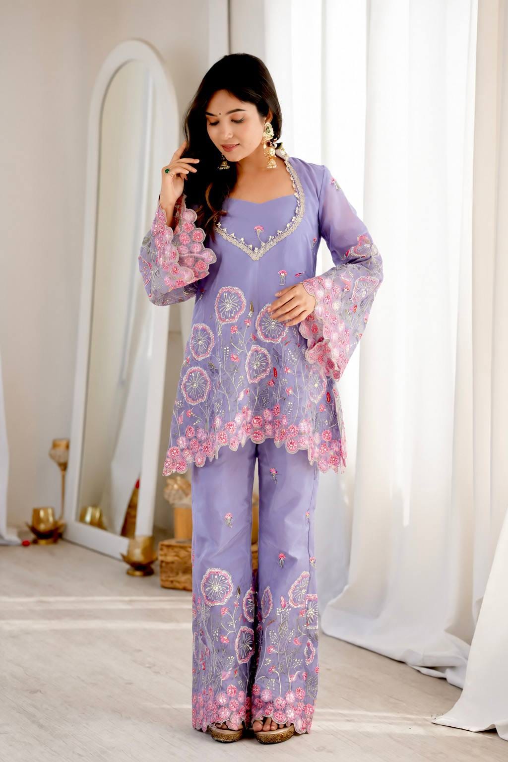 Lavender Color Floral Embroidered Silk Co-ord set