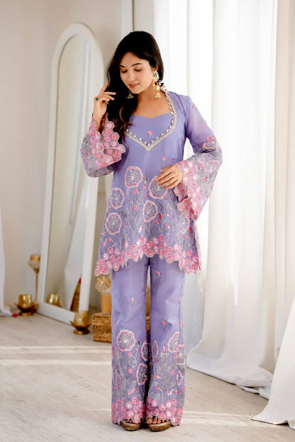 Lavender Color Floral Embroidered Silk Co-ord set