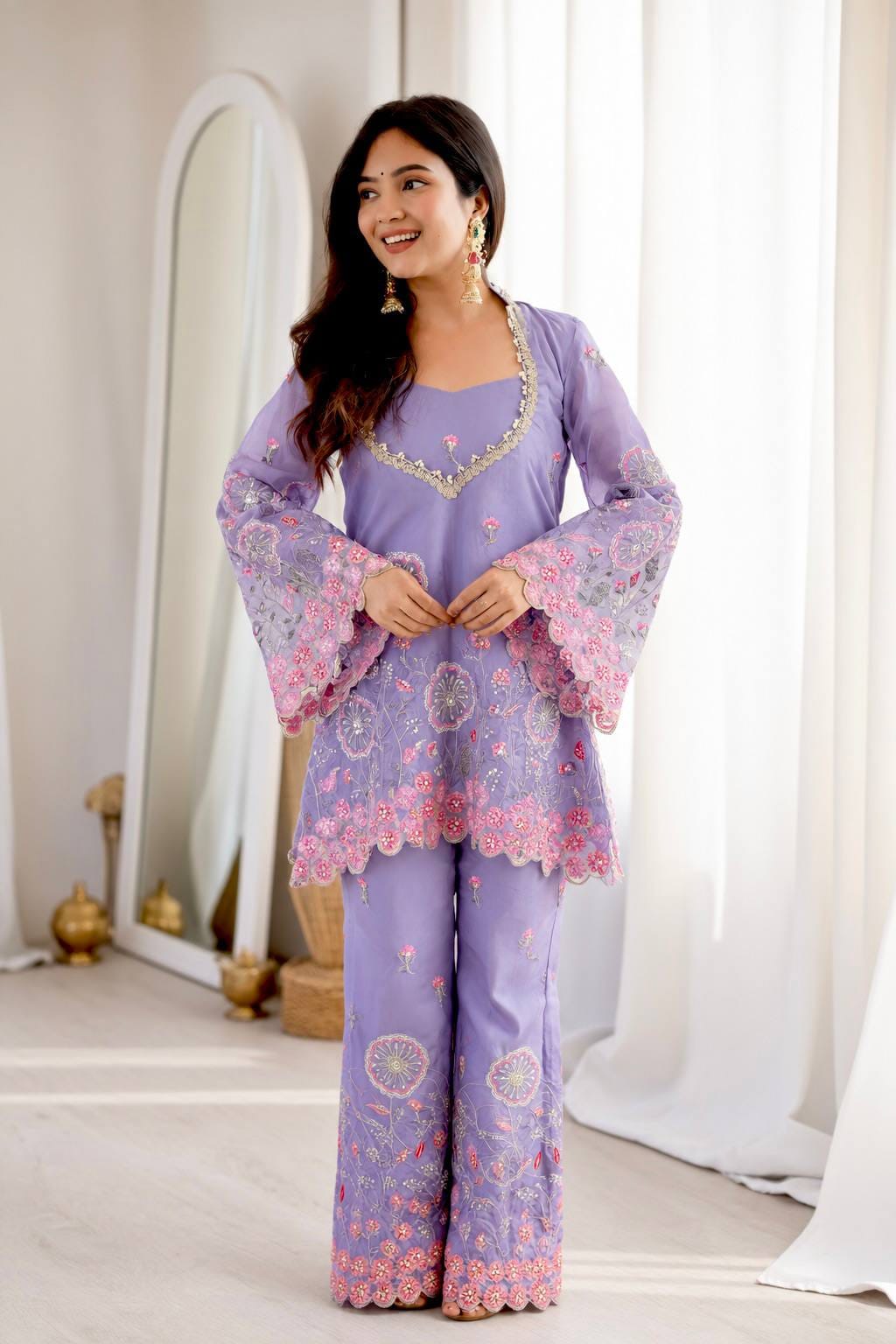 Lavender Color Floral Embroidered Silk Co-ord set