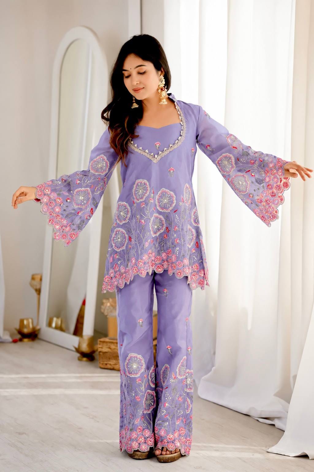 Lavender Color Floral Embroidered Silk Co-ord set