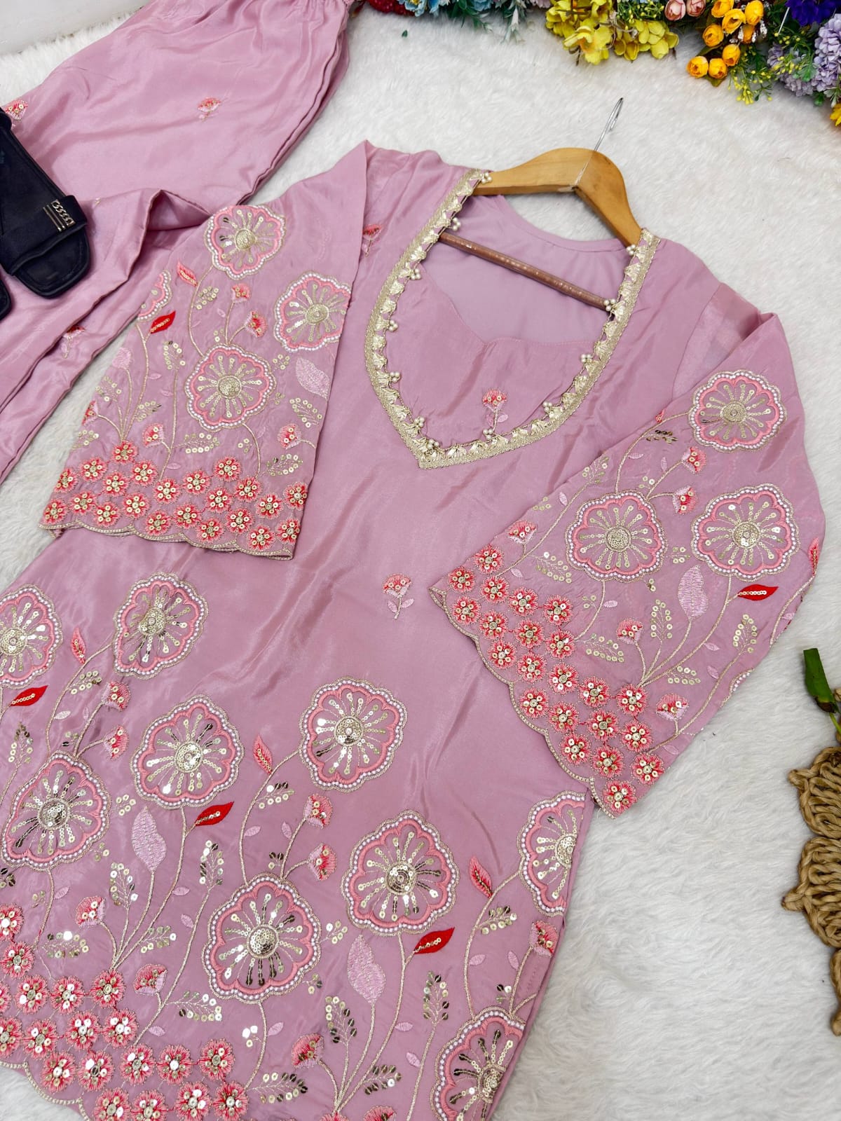 Pink Floral Embroidered Silk Co-ord set