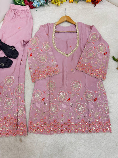Pink Floral Embroidered Silk Co-ord set