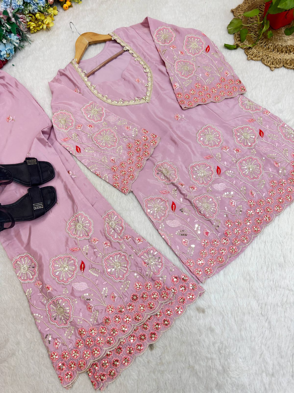 Pink Floral Embroidered Silk Co-ord set