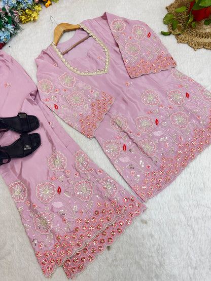 Pink Floral Embroidered Silk Co-ord set