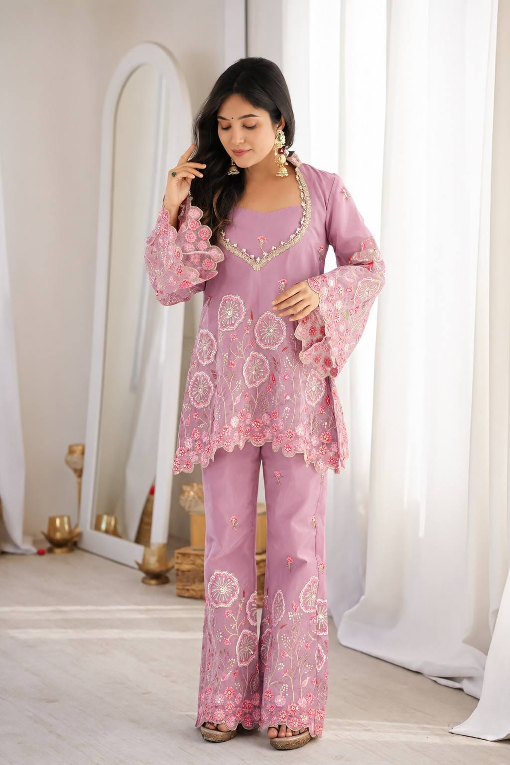 Pink Floral Embroidered Silk Co-ord set