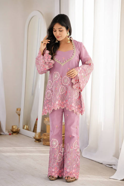 Pink Floral Embroidered Silk Co-ord set