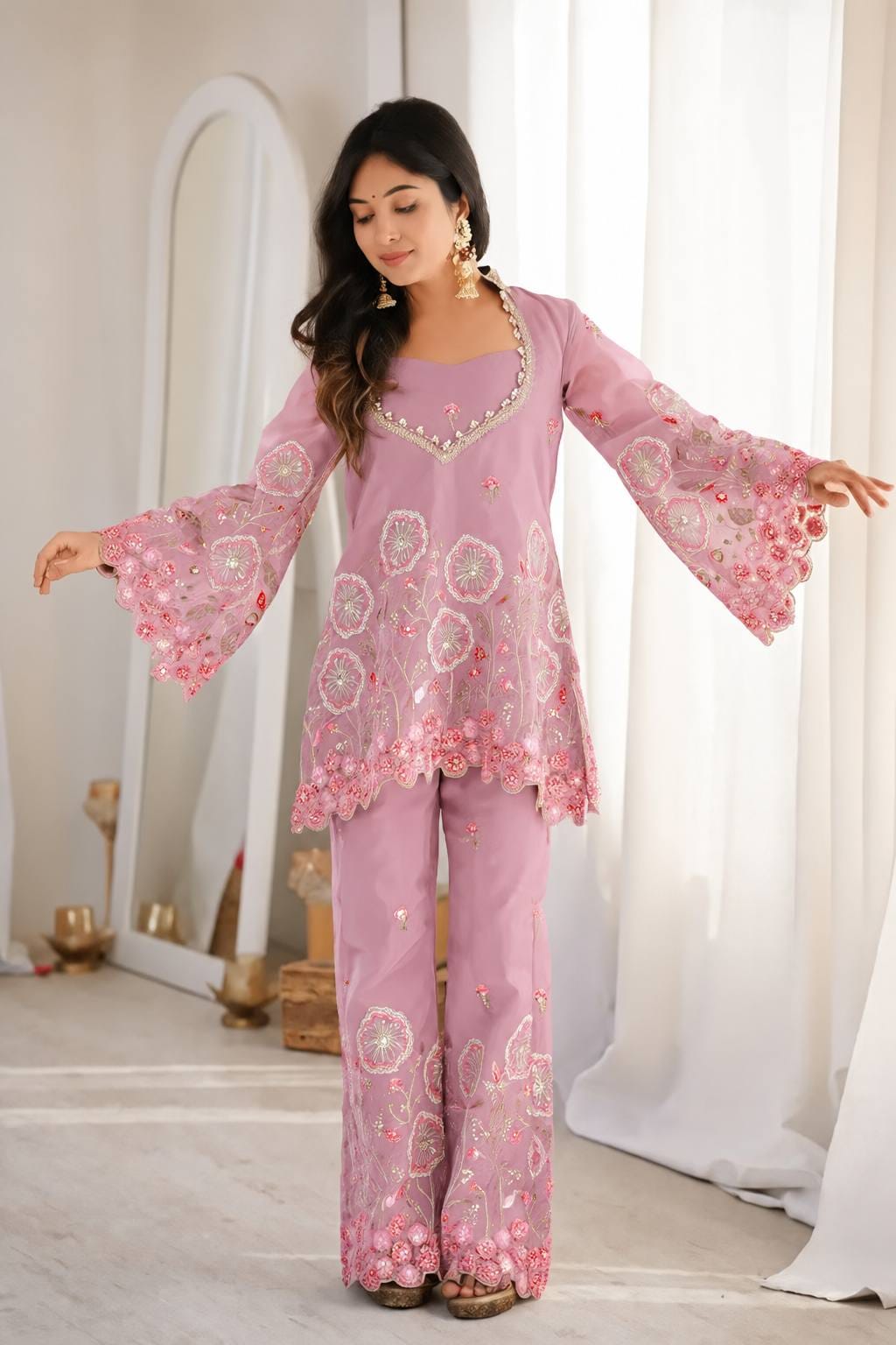 Pink Floral Embroidered Silk Co-ord set