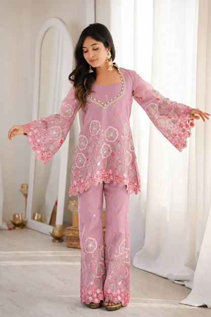 Pink Floral Embroidered Silk Co-ord set