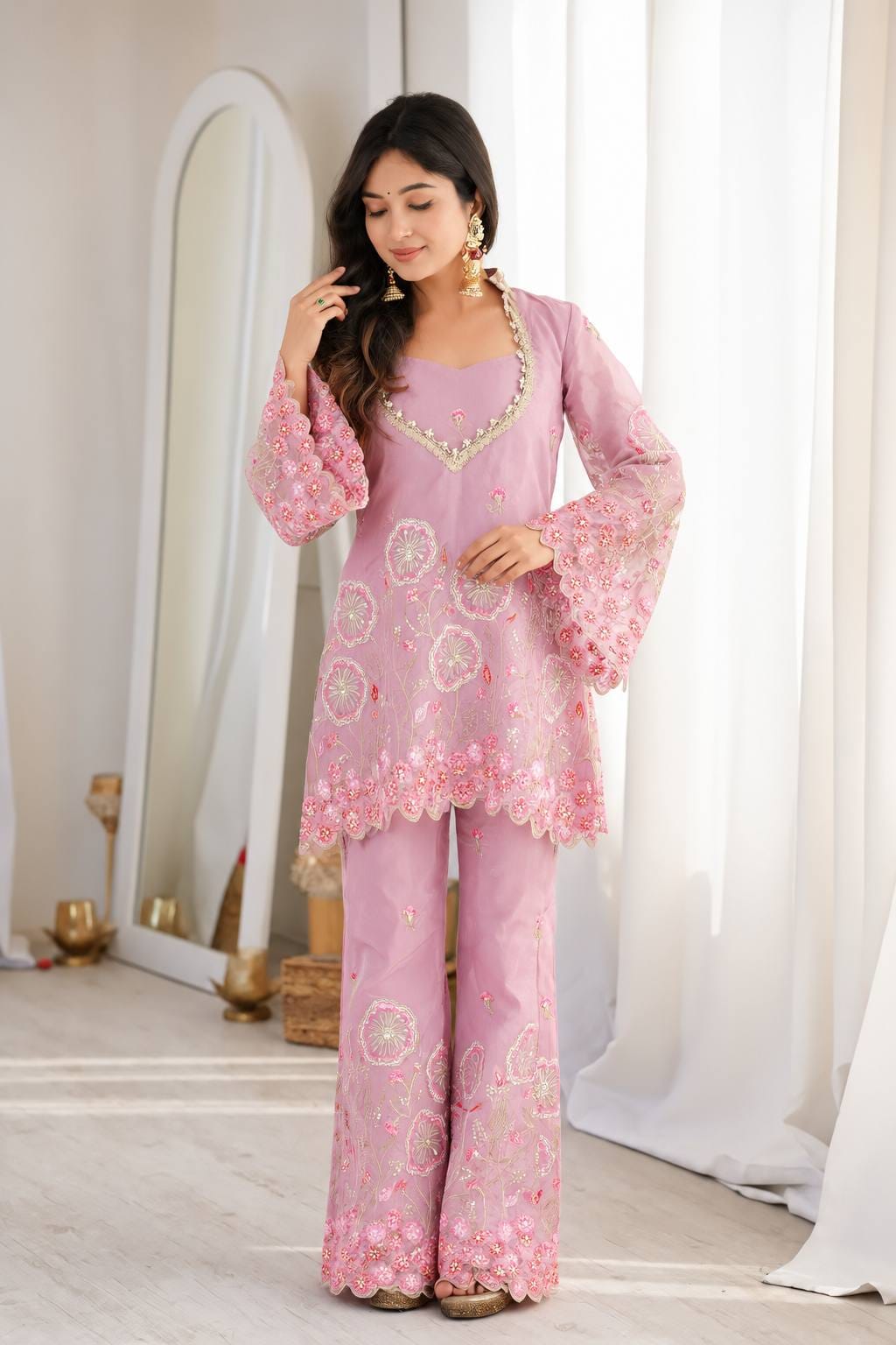 Pink Floral Embroidered Silk Co-ord set