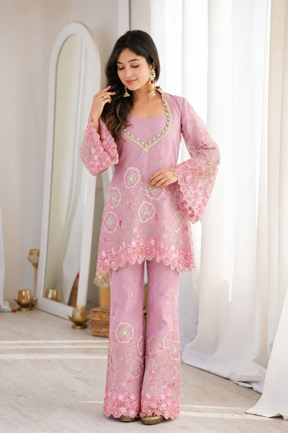 Pink Floral Embroidered Silk Co-ord set