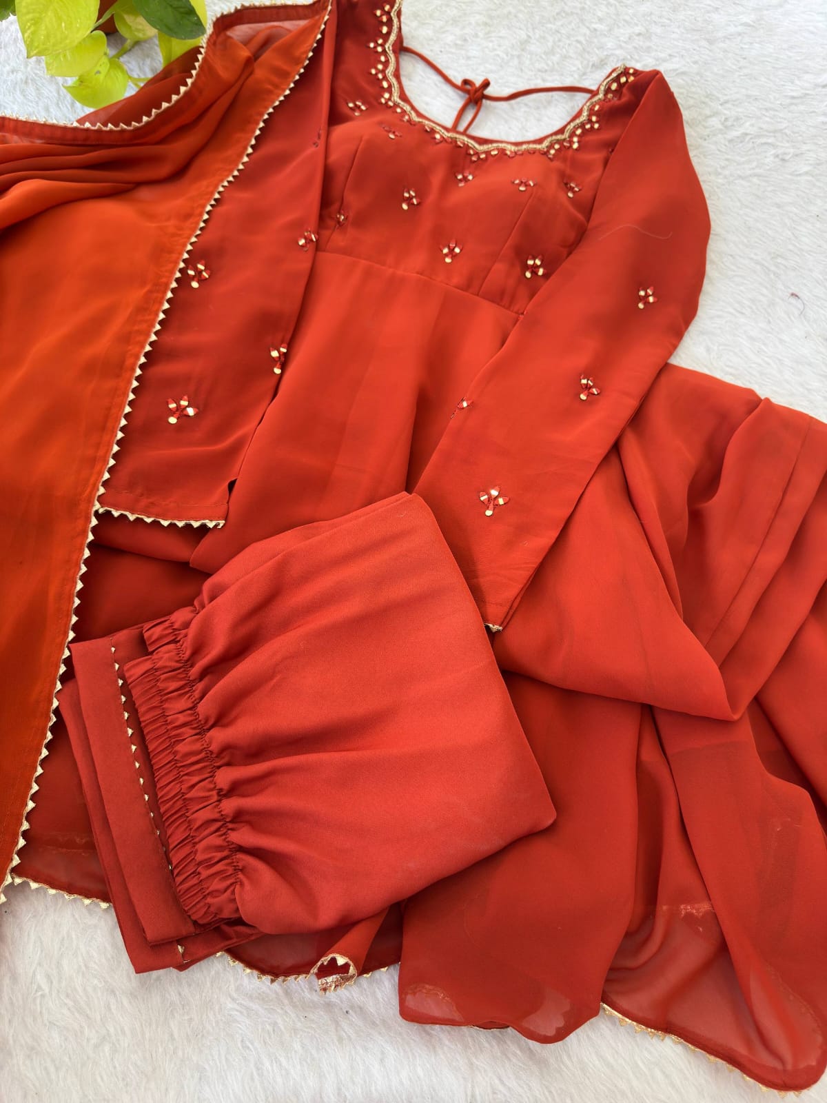 Rust-Orange Georgette and Mirror-Embroidered Anarkali Gown and Dupatta Set