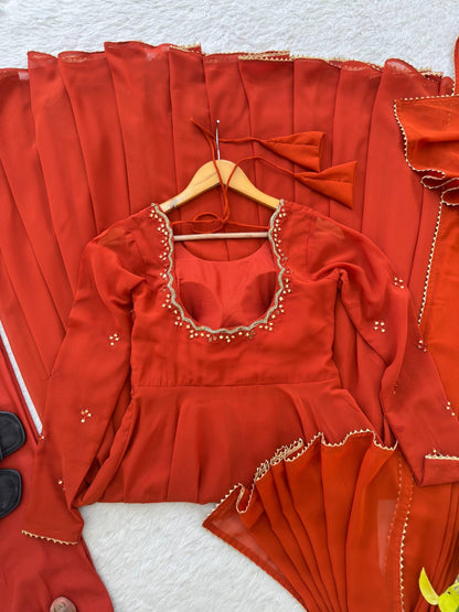 Rust-Orange Georgette and Mirror-Embroidered Anarkali Gown and Dupatta Set