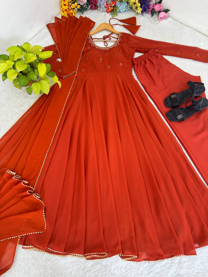 Rust-Orange Georgette and Mirror-Embroidered Anarkali Gown and Dupatta Set